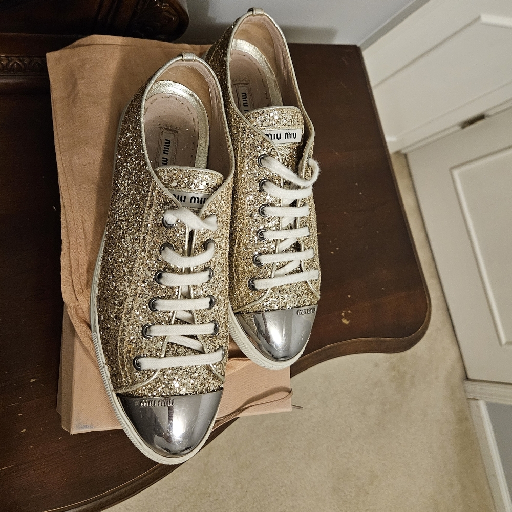 Miu Miu Gold Glitter Sneakers, size 40